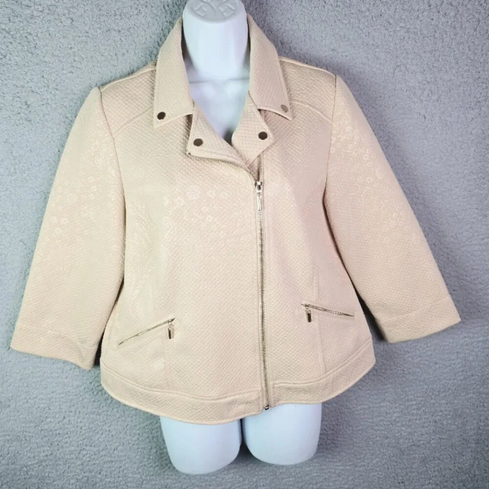 Chicos Moto Jacket Cream 1 Textured Asym Zip 34 Sleeve Minimalist